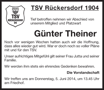 Traueranzeige von Günter Theiner von Pegnitz-Zeitung